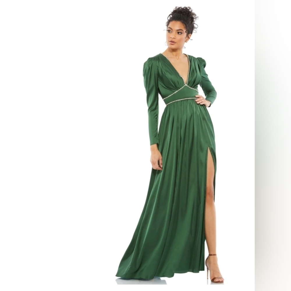 Ieena for Mac Duggal,Satin Puff  Shoulder  Gown,Emerald Green/Rhinestone,Size 10